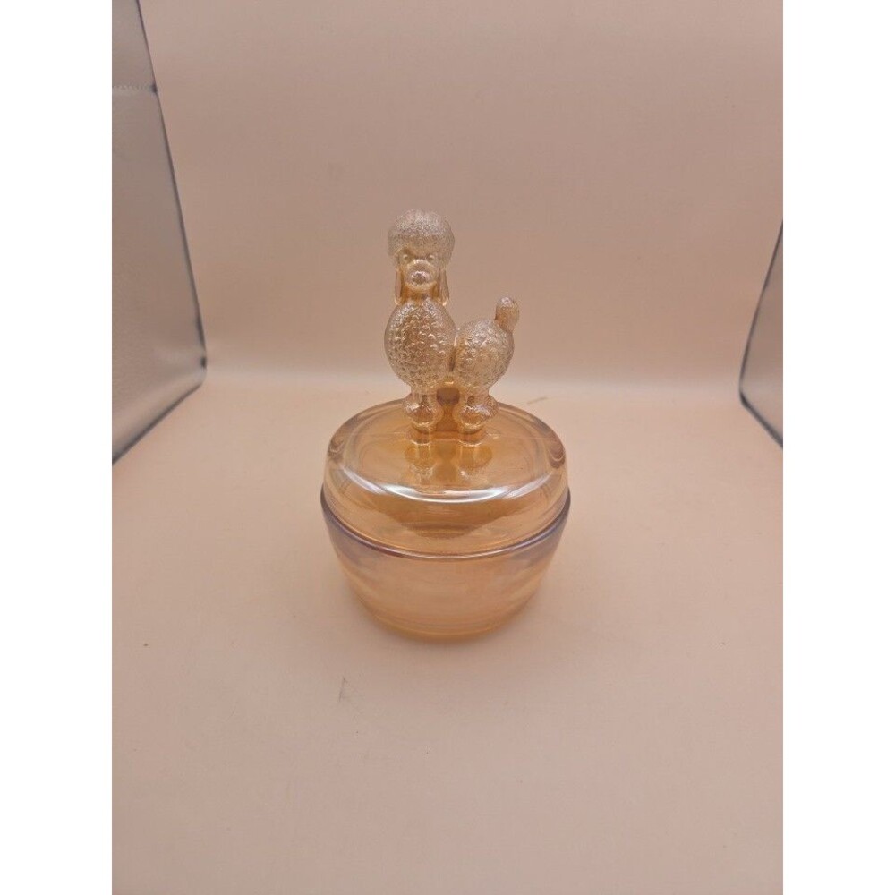 Vintage Jeannette Glass Iridescent Peach Luster Poodle Powder Jar